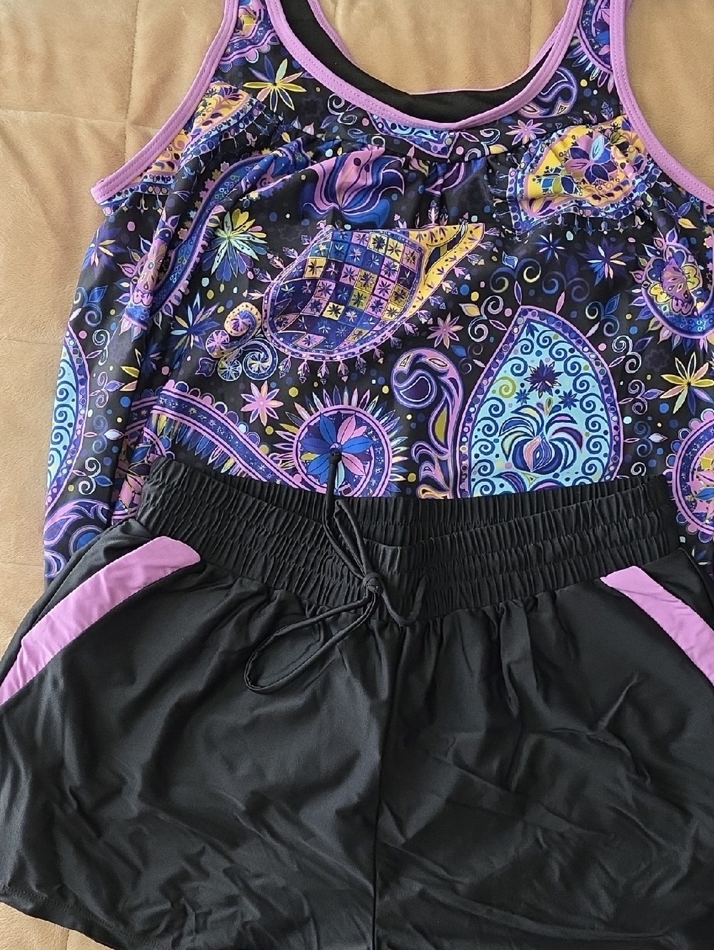 Purple Paisley Tankini Top with Black Drawstring Swim Shorts Size Large
